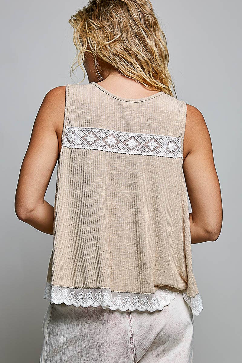 Pol Clothing - Metal Button Down Lace Trim Ruffle Round Neck Sleeveless