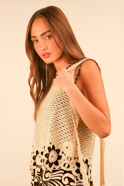 VERY J - NT12140-Floral Trim Detail Crochet Top