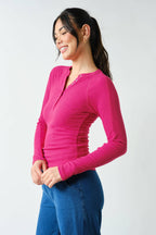 Essential Long-Sleeved Micro-Ribbed Henley Top-Mono B