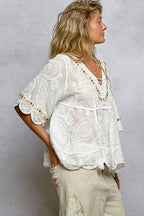 Pol Clothing - Short Sleeve Adjustable Drawstring Crochet V Neck Top