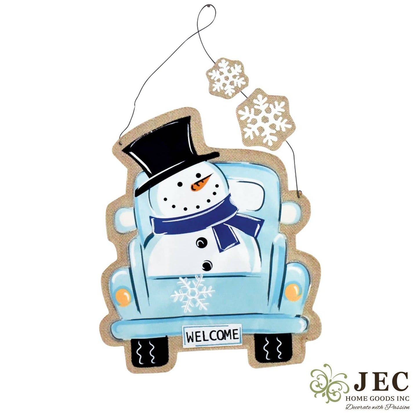 Christmas Winter Snowman Pickup Truck Burlap Puffy Wall Hanging Rustic Porch Door Décor  16.5"x14"
