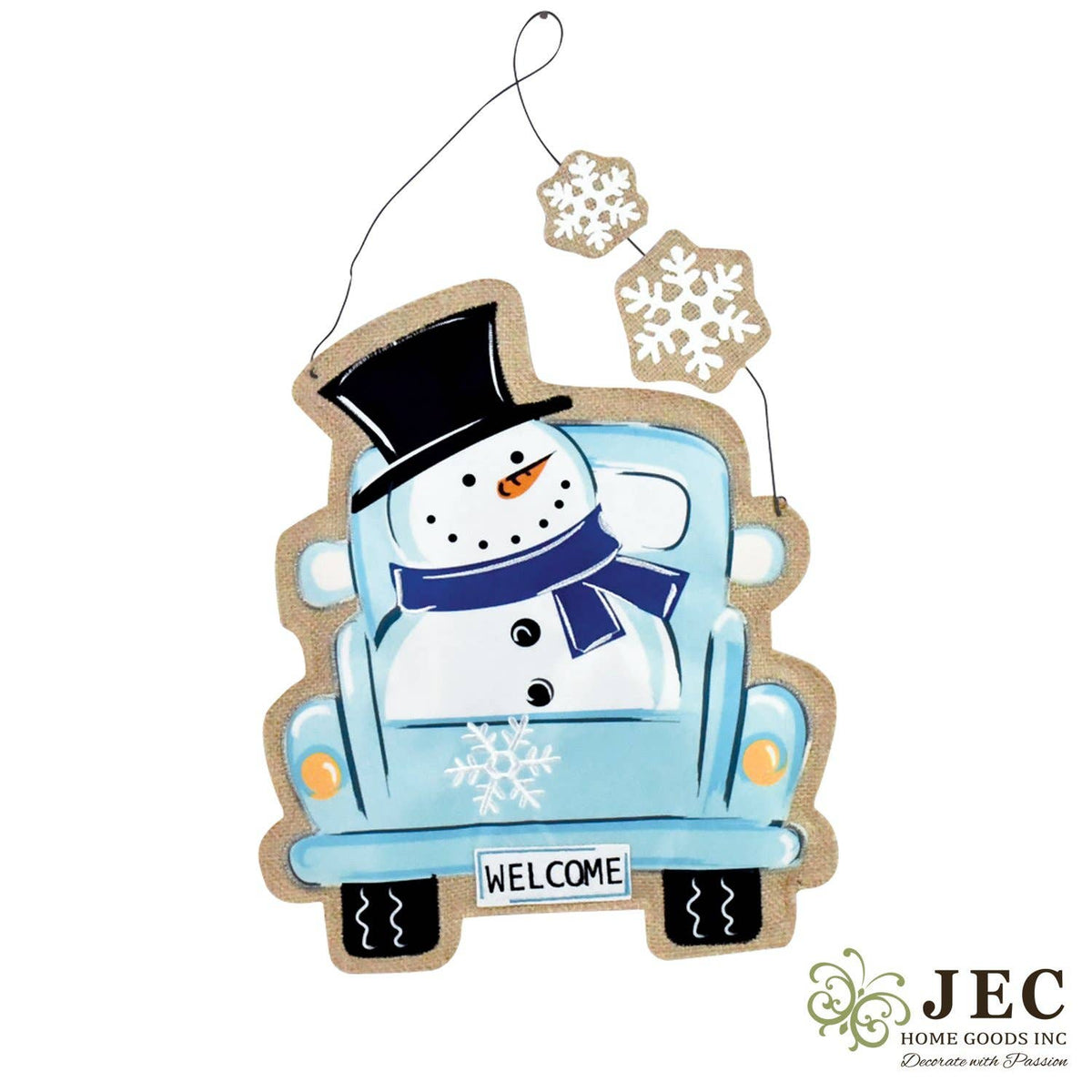 Christmas Winter Snowman Pickup Truck Burlap Puffy Wall Hanging Rustic Porch Door Décor  16.5"x14"