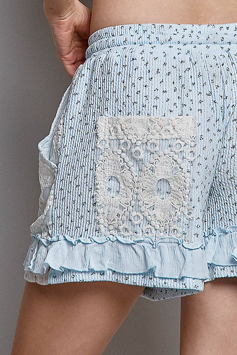 Pol Clothing - Boho Floral Knit Waistband Lace Patch Ruffle Shorts