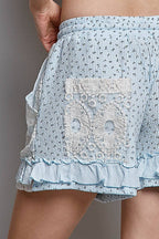 Pol Clothing - Boho Floral Knit Waistband Lace Patch Ruffle Shorts