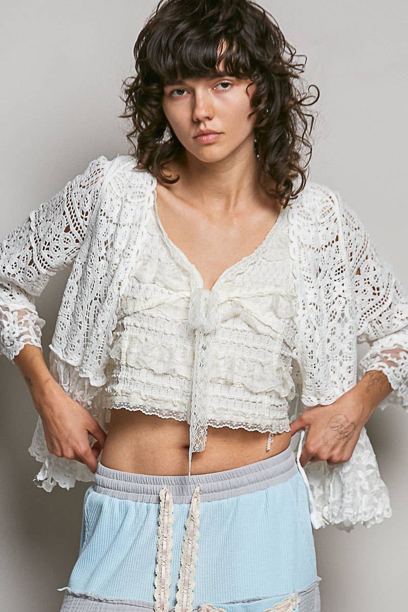 Pol Clothing - V-neck Short Sleeve Crochet Floral Lace Cardigan