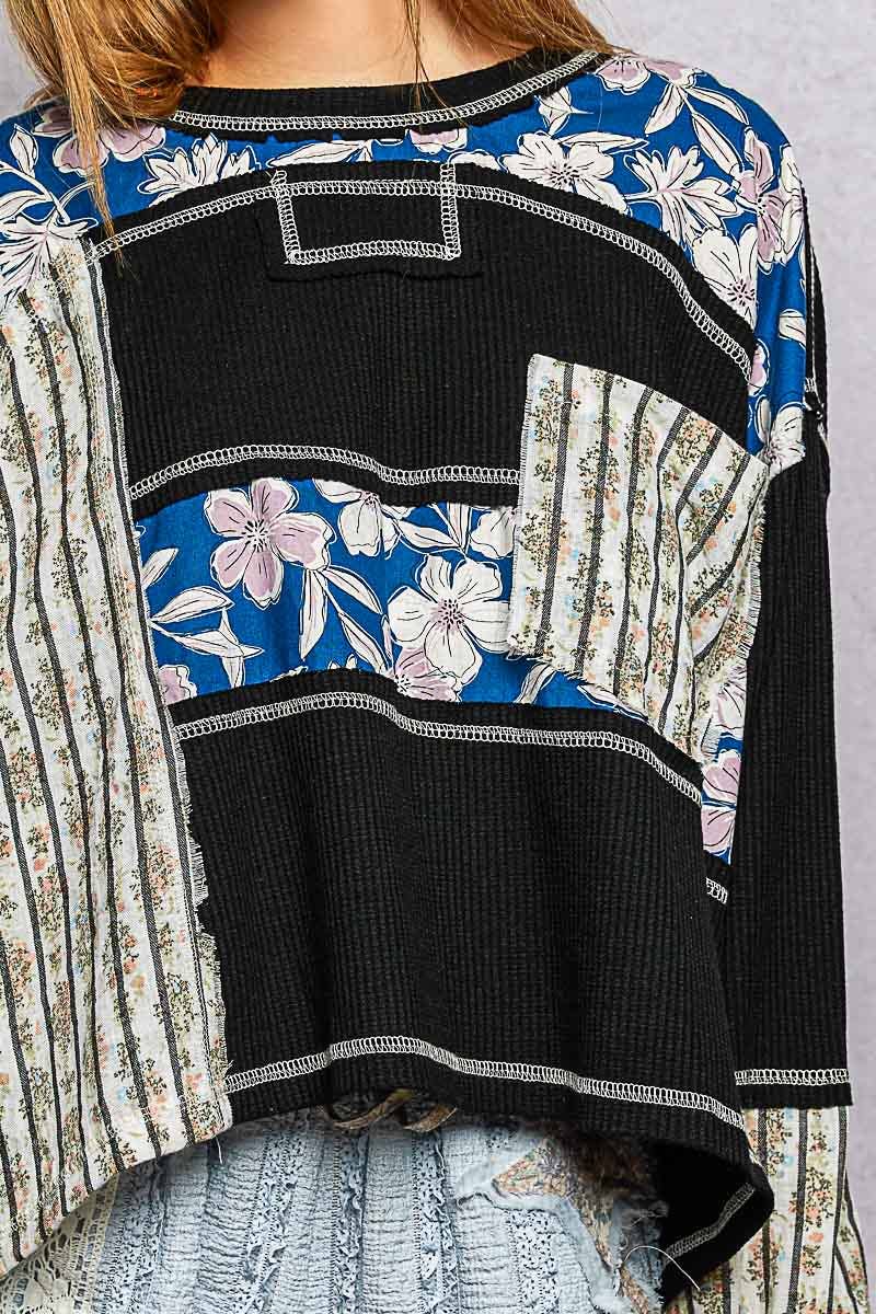 Marbella Long Sleeve Round Neck Floral Stripe Stitch Knit Top Pol Clothing