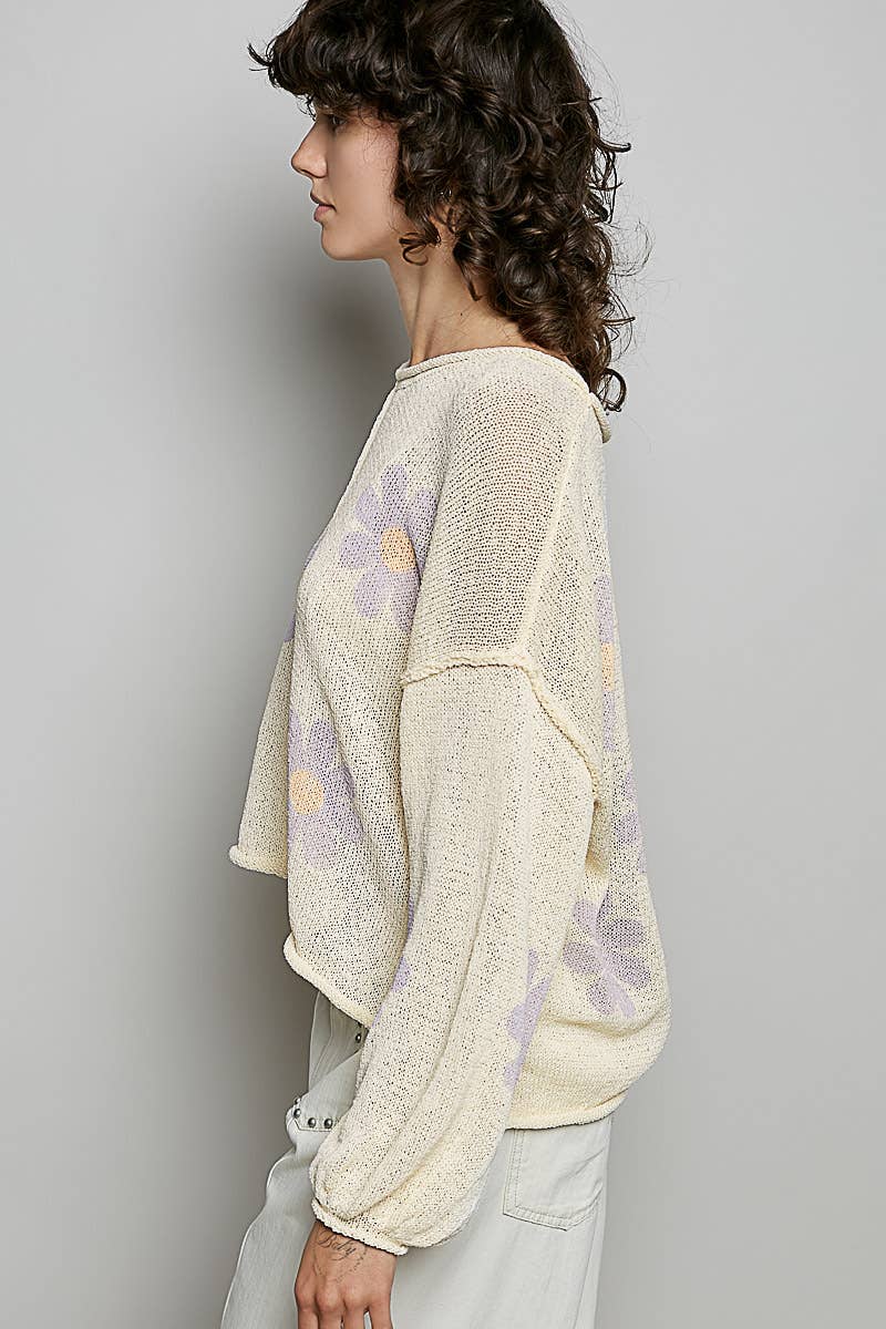 Pol Clothing - Round Neck Balloon Sleeve Floral Print Thin Sweater
