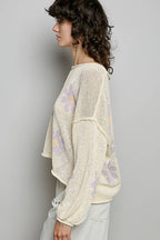 Pol Clothing - Round Neck Balloon Sleeve Floral Print Thin Sweater