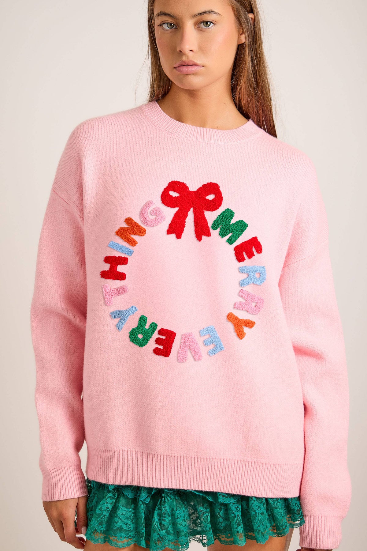 Merry Everything Knit Sweater with Wreath & Bow – Holiday