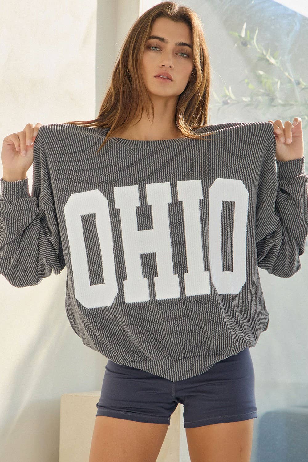 'OHIO' Print Ribbed Oversized Graphic Sweatshirt