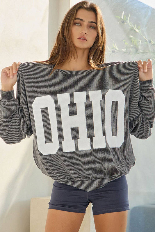 OHIO' Print Ribbed Oversized Graphic Sweatshirt