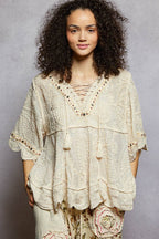 Pol Clothing - Short Sleeve Adjustable Drawstring Crochet V Neck Top