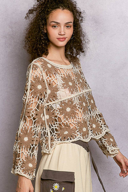 Pol Clothing - Round Neck Floral Weave Knit Long Sleeve Crochet Top