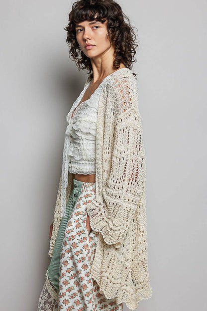 Pol Clothing - Weave Pattern Solid Thin Acrylic Sweater Open Cardigan SALE