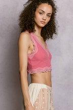 Pol Clothing - Lace Trim Ribbed V Neck Summer Sleeveless Crop Top