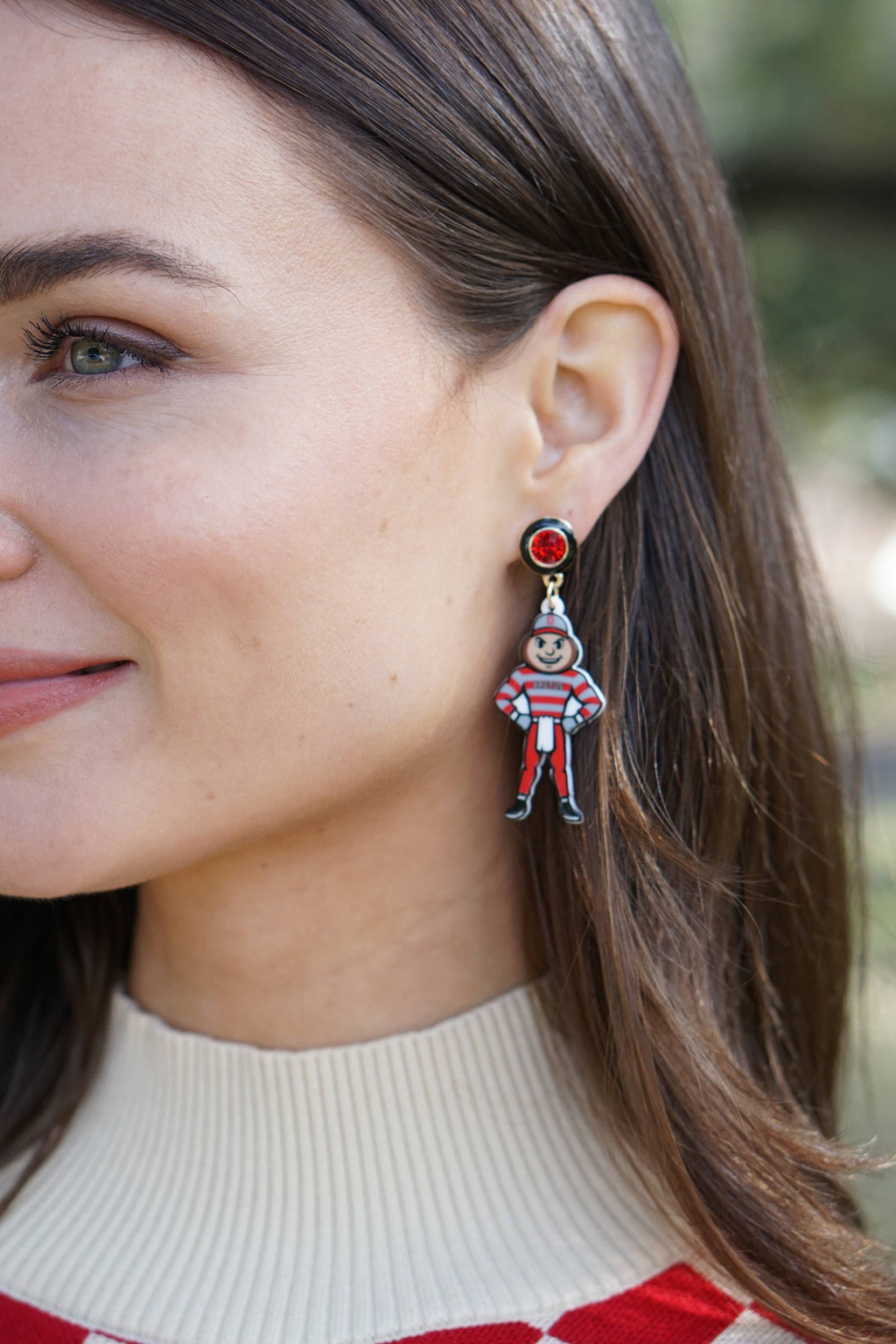 Canvas Style - Ohio State Brutus Buckeye Resin Mascot Earrings in Red/Grey