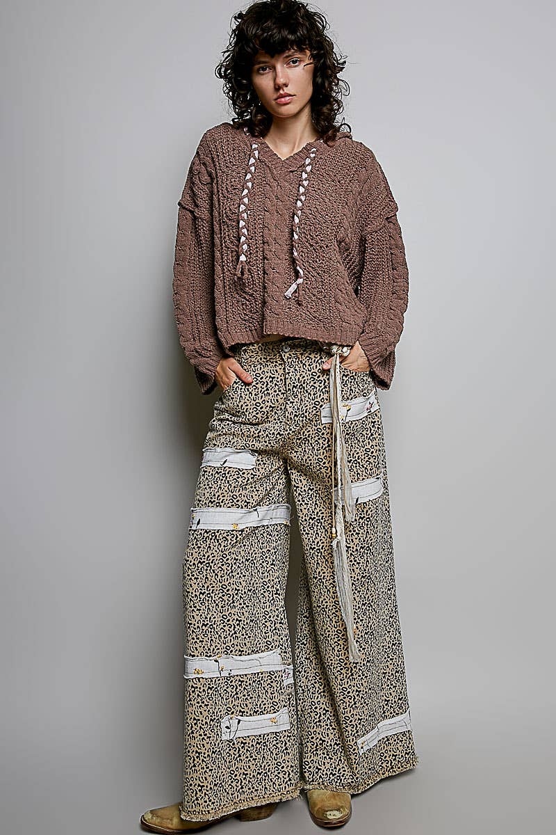 Pol Clothing - Oversize Fit V-neck Hooded Cable Knit Chenille Sweater SALE
