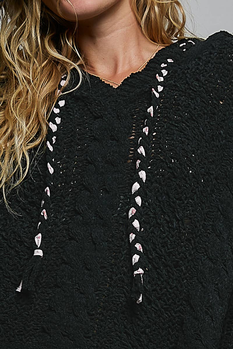Pol Clothing - Oversize Fit V-neck Hooded Cable Knit Chenille Sweater SALE