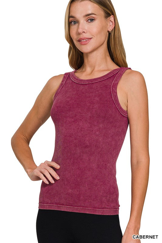 ZENANA 2 WAY NECKLINE WASHED RIBBED SEAMLESS TANK TOP