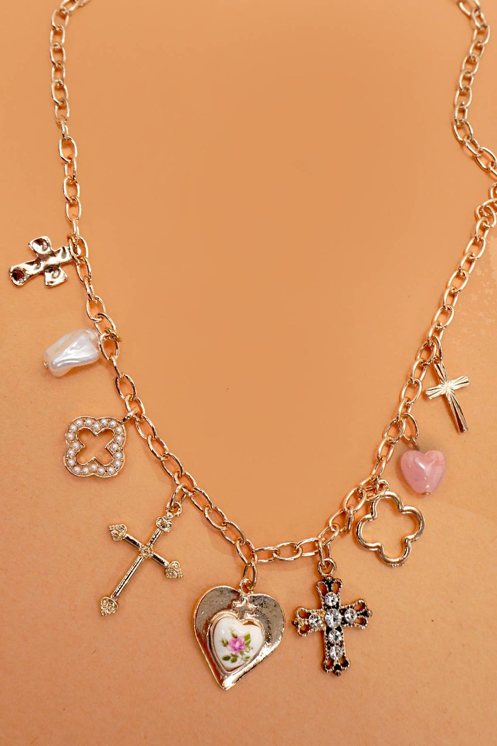 CHARM NECKLACE-CLOVER CROSS PORCELAIN FLOWER