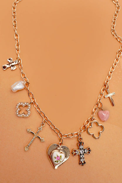 CHARM NECKLACE-CLOVER CROSS PORCELAIN FLOWER