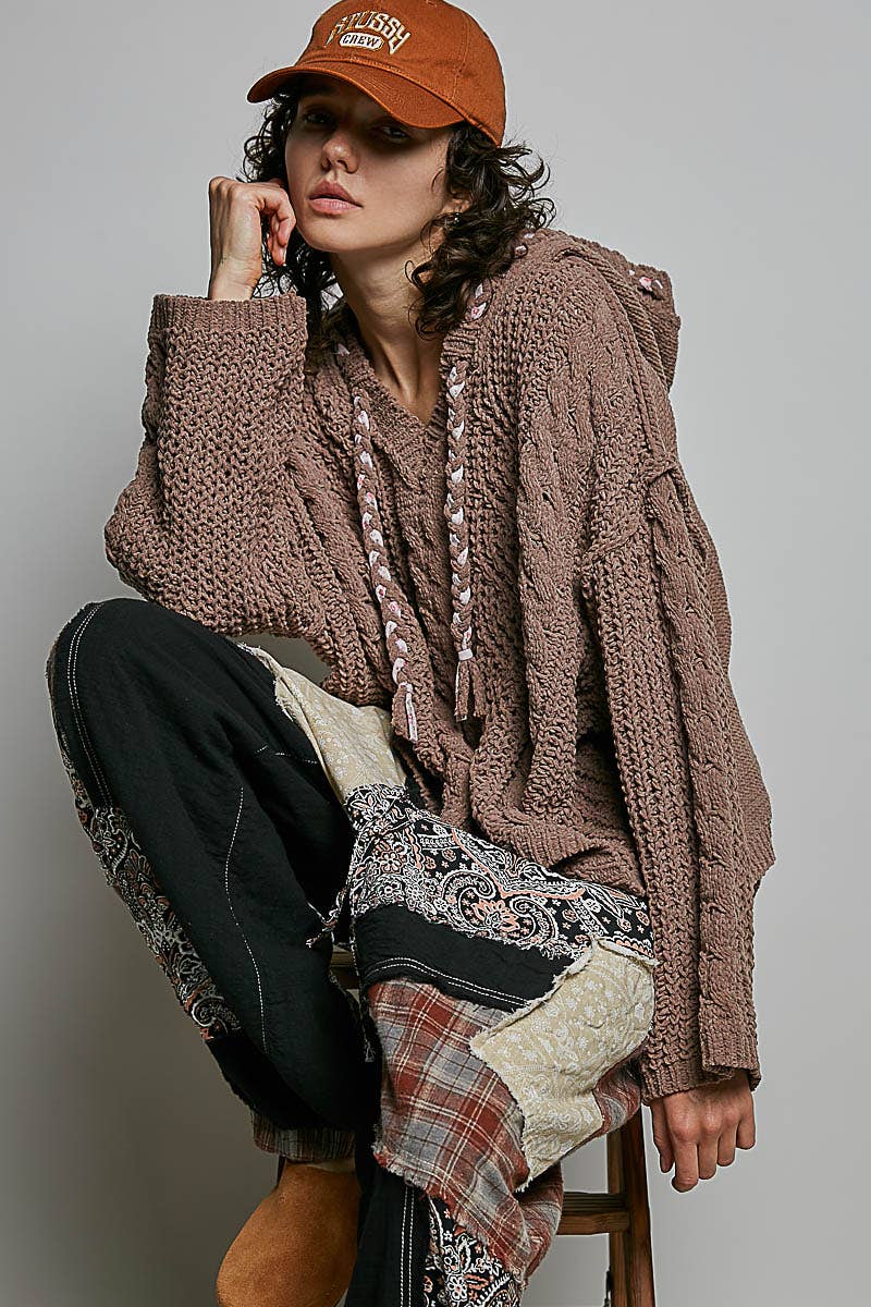 Pol Clothing - Oversize Fit V-neck Hooded Cable Knit Chenille Sweater SALE