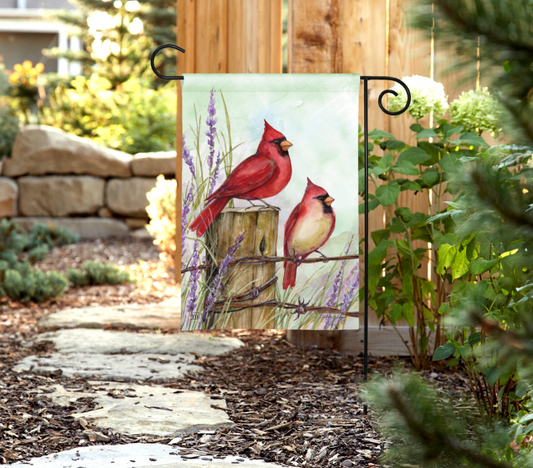 Cardinals on Wire Fence Garden Flag