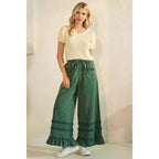 RUFFLE TRIM POCKET MINERAL WASH WIDE LEG PANTS