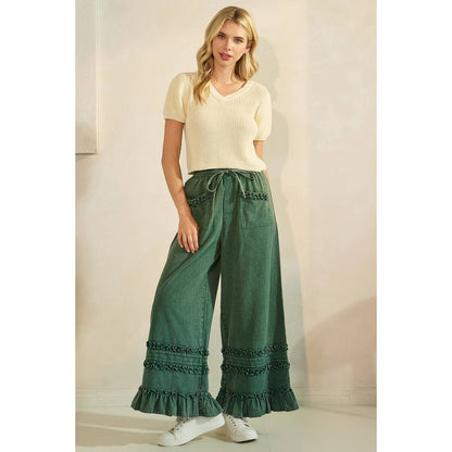 RUFFLE TRIM POCKET MINERAL WASH WIDE LEG PANTS