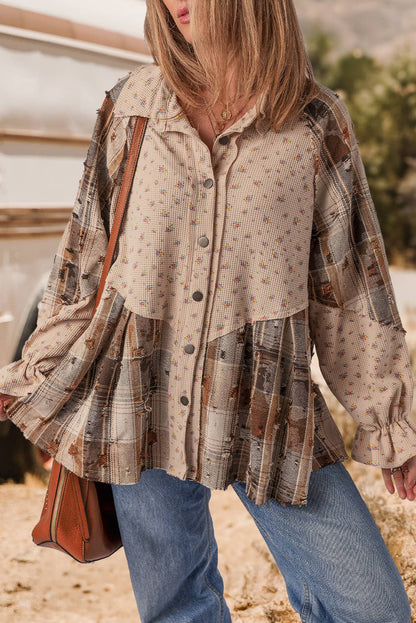 fashionworks - Boho Distressed Detail Ruffled Sleeve Waffle Knit Shacket