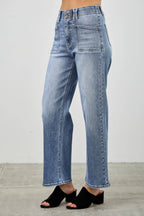 HIGH RISE CROP STRAIGHT WITH DOUBLE BUTTON SAIGE DENIM