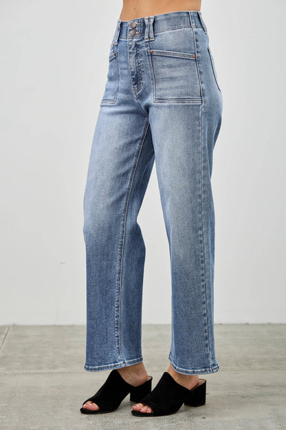HIGH RISE CROP STRAIGHT WITH DOUBLE BUTTON SAIGE DENIM