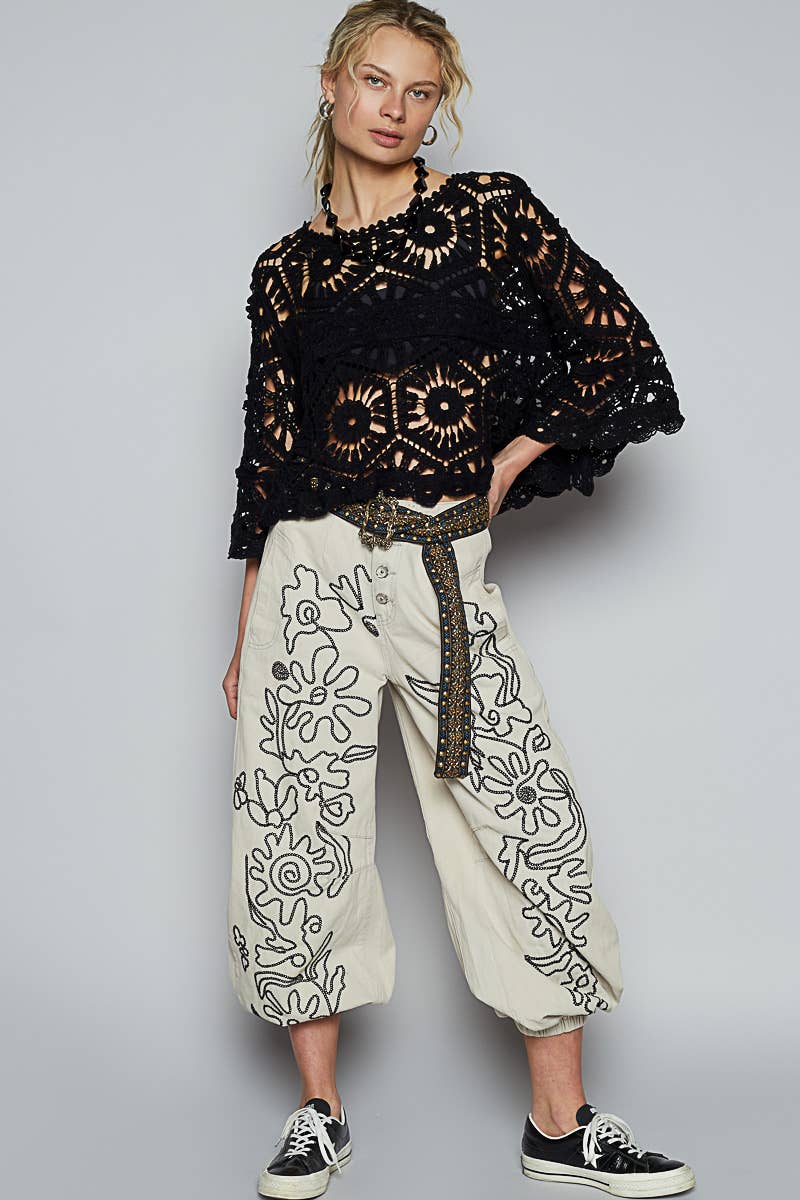 Alexus Round Neck 3/4 Sleeve Crochet Cropped Top