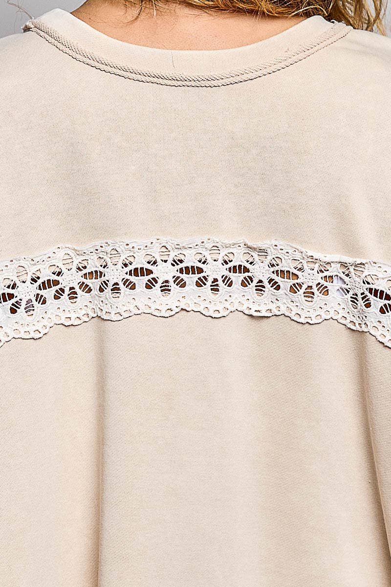 Pol Clothing - French Terry Eyelet Ruffle Vintage Washing Solid Knit Top