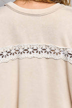 Pol Clothing - French Terry Eyelet Ruffle Vintage Washing Solid Knit Top