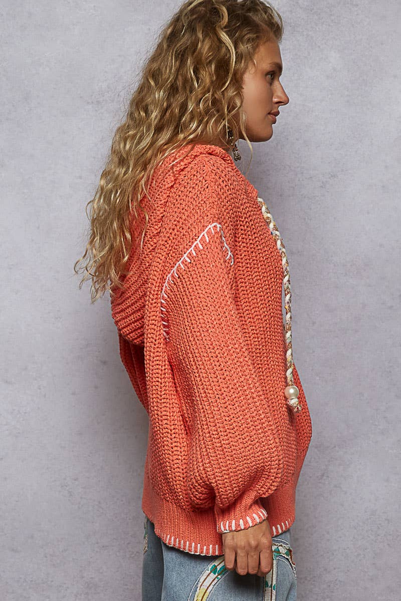 Pol Clothing - V-neck solid stitch point hoodie chenille sweater top