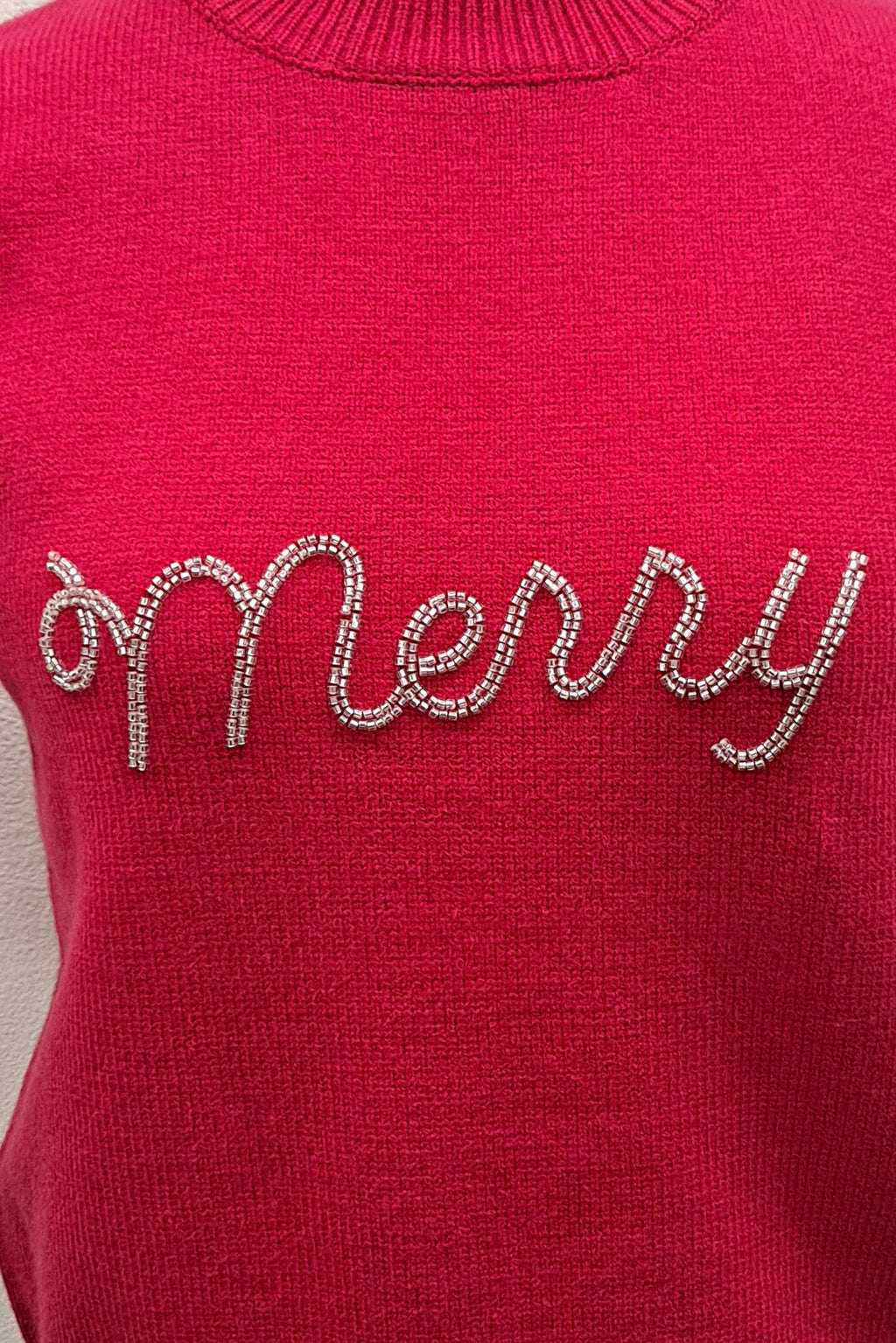 Merry Rhinestone Puff Sleeve Holiday Sweater Top-Main Strip