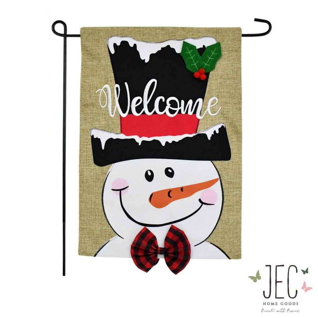 Christmas Decoration Snowman Top Hat Welcome Burlap 2-Sided Garden Flag 12.5x18"