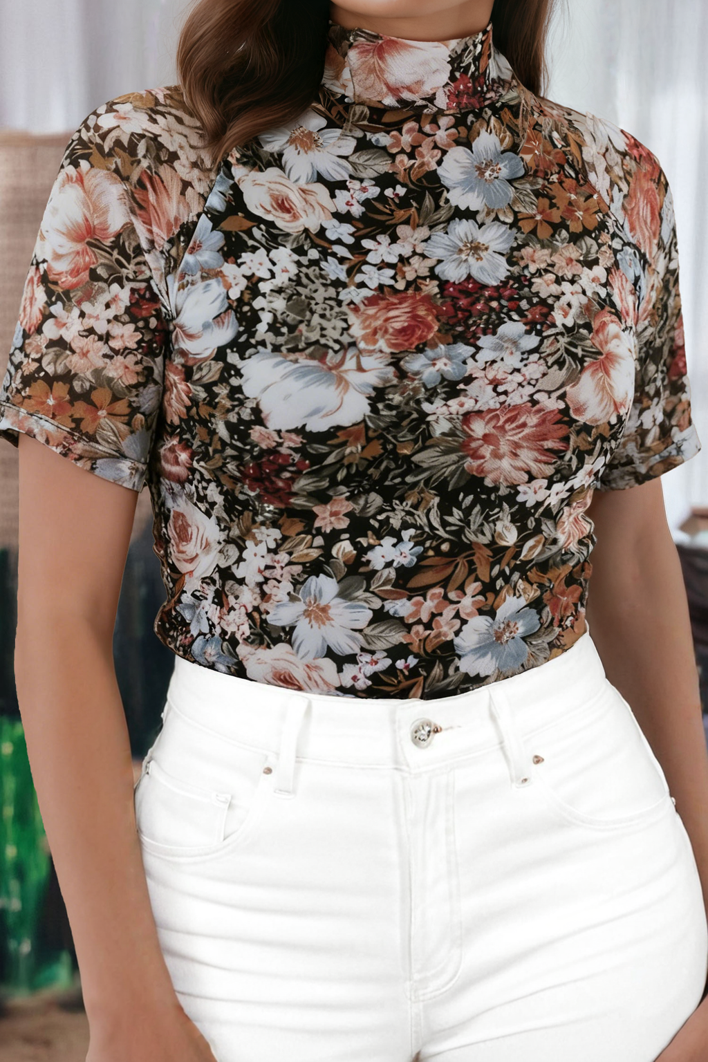 Fashion-W Floral Long Sleeve Mock Neck Sheath Mesh Blouse