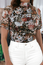 Fashion-W Floral Long Sleeve Mock Neck Sheath Mesh Blouse