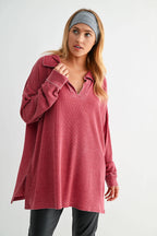 Cotton Blend Waffle Knit Oversized Collared Long Sleeve