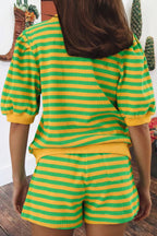 Summer Stripe Puff Short Sleeve T Shirt Matching Shorts Set