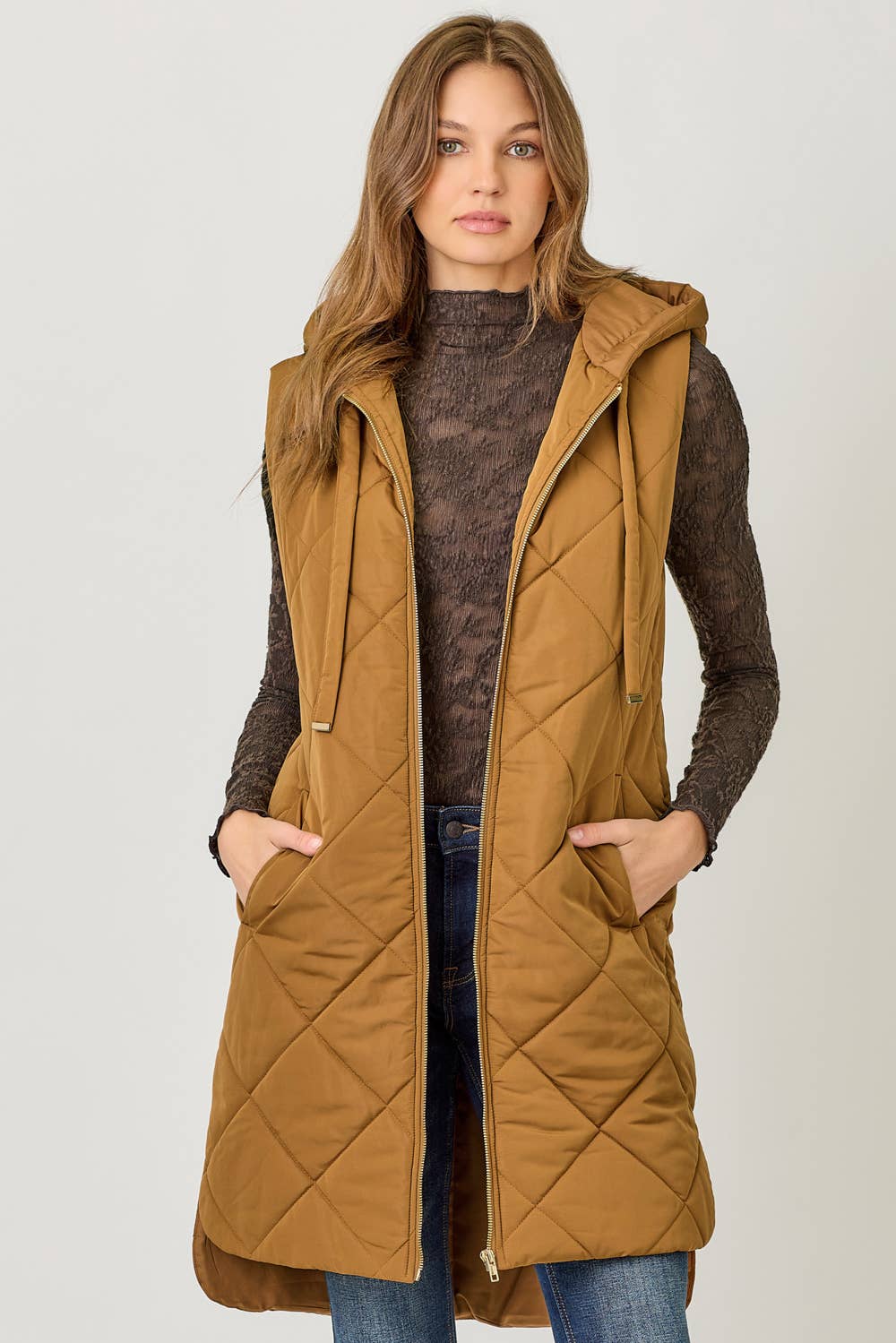 Mystree Quilted Puffer Long Hoodie Vest