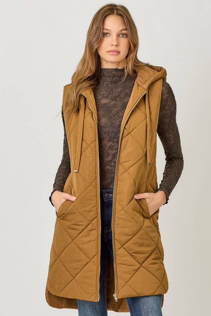 Mystree Quilted Puffer Long Hoodie Vest
