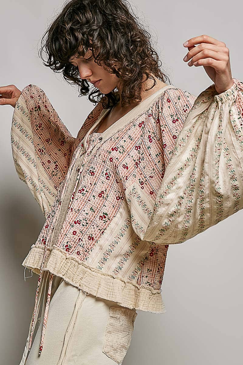 Strawberry V Neck Balloon Sleeve Floral Ruffle Woven Printed Top
