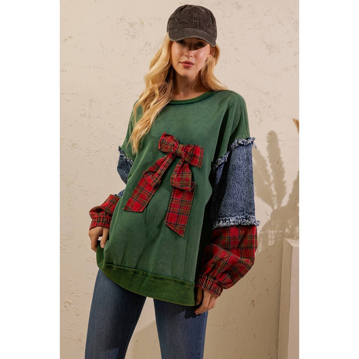 Sage + Fig - PLAID BOW DENIM SLEEVE PULLOVER (ST8117)