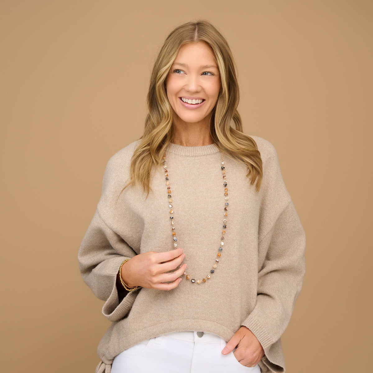 Beaded Long Necklace 38" Lucie Neutral Stone Chain