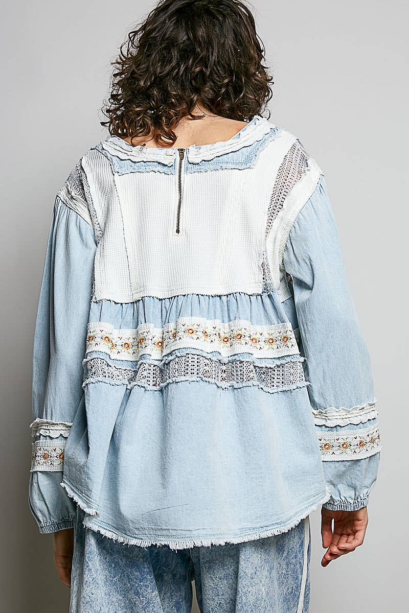 Pol Clothing - Embroidery Lace Contrast Square Neck Long Sleeve top