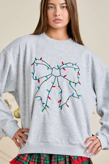 Grey Holiday Sweatshirt with Bow Christmas Lights embroidery