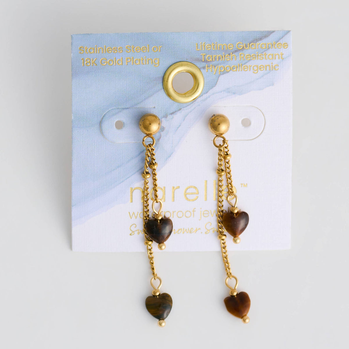 Howard's - Waterproof Earrings Tiger Eye Hearts Drop Narelle Gold